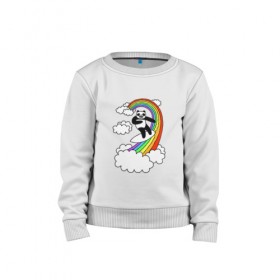Детский свитшот хлопок с принтом ПАНДА НА РАДУГЕ , 100% хлопок | круглый вырез горловины, эластичные манжеты, пояс и воротник | cloud | mem | panda | rainbow | serfing | мем | облака | панда | радуга | серфинг | юмор