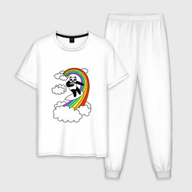 Мужская пижама хлопок с принтом ПАНДА НА РАДУГЕ , 100% хлопок | брюки и футболка прямого кроя, без карманов, на брюках мягкая резинка на поясе и по низу штанин
 | cloud | mem | panda | rainbow | serfing | мем | облака | панда | радуга | серфинг | юмор
