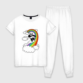 Женская пижама хлопок с принтом ПАНДА НА РАДУГЕ , 100% хлопок | брюки и футболка прямого кроя, без карманов, на брюках мягкая резинка на поясе и по низу штанин | cloud | mem | panda | rainbow | serfing | мем | облака | панда | радуга | серфинг | юмор