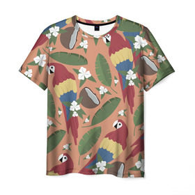 Мужская футболка 3D с принтом Попугайчики , 100% полиэфир | прямой крой, круглый вырез горловины, длина до линии бедер | джунгли | жара | кокосы | лето | отпуск | попугайчики | птицы | путушествия | цветы