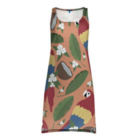 Платье-майка 3D с принтом Попугайчики , 100% полиэстер | полуприлегающий силуэт, широкие бретели, круглый вырез горловины, удлиненный подол сзади. | джунгли | жара | кокосы | лето | отпуск | попугайчики | птицы | путушествия | цветы