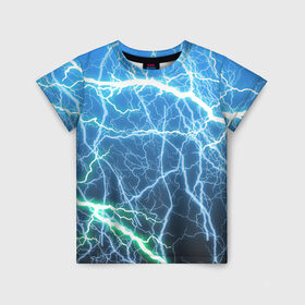 Детская футболка 3D с принтом РАЗРЯДЫ МОЛНИЙ , 100% гипоаллергенный полиэфир | прямой крой, круглый вырез горловины, длина до линии бедер, чуть спущенное плечо, ткань немного тянется | Тематика изображения на принте: blue | epic | green | lightning | rain | storm | stripes | texture | thunder | гроза | гром | дождь | зеленый | линии | молнии | молния | пафосные | полосы | разряды | синий | текстура | шторм | эпичные | яркие