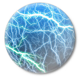 Значок с принтом РАЗРЯДЫ МОЛНИЙ ,  металл | круглая форма, металлическая застежка в виде булавки | Тематика изображения на принте: blue | epic | green | lightning | rain | storm | stripes | texture | thunder | гроза | гром | дождь | зеленый | линии | молнии | молния | пафосные | полосы | разряды | синий | текстура | шторм | эпичные | яркие