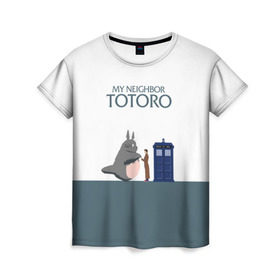 Женская футболка 3D с принтом Мой сосед Тоторо , 100% полиэфир ( синтетическое хлопкоподобное полотно) | прямой крой, круглый вырез горловины, длина до линии бедер | 10 доктор | doctor who | my neighbor totoro | tardis | totoro | десятый доктор | доктор кто | тардис | тоторо