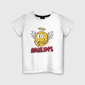 Детская футболка хлопок с принтом ANGEL 100% , 100% хлопок | круглый вырез горловины, полуприлегающий силуэт, длина до линии бедер | 100 | angel | ангел | добрая | добрый | крылья | мем | мемас | мемасик | милый | надпись | нимб | процентов | смайл | смайлик | улыбка | эмоджи | эмодзи