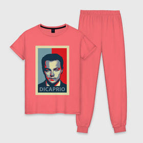 Женская пижама хлопок с принтом Леонардо Ди Капро поп-арт , 100% хлопок | брюки и футболка прямого кроя, без карманов, на брюках мягкая резинка на поясе и по низу штанин | leonardo dicaprio | obama hope | леонардо ди каприо | минимализм | поп арт | сине красный