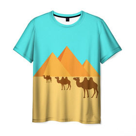 Мужская футболка 3D с принтом Пирамиды Египта , 100% полиэфир | прямой крой, круглый вырез горловины, длина до линии бедер | Тематика изображения на принте: верблюд | египет | жара | караван | пирамиды | пустыня