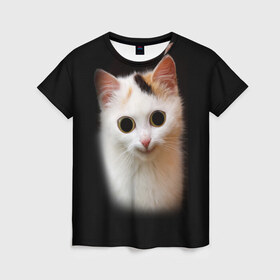 Женская футболка 3D с принтом Котик , 100% полиэфир ( синтетическое хлопкоподобное полотно) | прямой крой, круглый вырез горловины, длина до линии бедер | Тематика изображения на принте: глаза большие | кот | котенок | кошка | мордочка | смешной