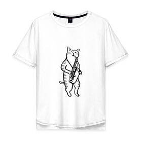 Мужская футболка хлопок Oversize с принтом Кот Саксофонист , 100% хлопок | свободный крой, круглый ворот, “спинка” длиннее передней части | cat | арт | животные | инструмент | кот | кошка | музыка | саксофон | саксофонист