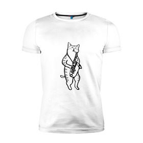 Мужская футболка премиум с принтом Кот Саксофонист , 92% хлопок, 8% лайкра | приталенный силуэт, круглый вырез ворота, длина до линии бедра, короткий рукав | cat | арт | животные | инструмент | кот | кошка | музыка | саксофон | саксофонист