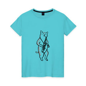 Женская футболка хлопок с принтом Кот Саксофонист , 100% хлопок | прямой крой, круглый вырез горловины, длина до линии бедер, слегка спущенное плечо | cat | арт | животные | инструмент | кот | кошка | музыка | саксофон | саксофонист