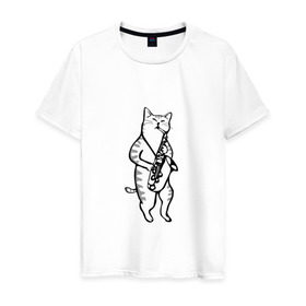 Мужская футболка хлопок с принтом Кот Саксофонист , 100% хлопок | прямой крой, круглый вырез горловины, длина до линии бедер, слегка спущенное плечо. | cat | арт | животные | инструмент | кот | кошка | музыка | саксофон | саксофонист
