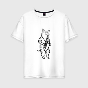 Женская футболка хлопок Oversize с принтом Кот Саксофонист , 100% хлопок | свободный крой, круглый ворот, спущенный рукав, длина до линии бедер
 | cat | арт | животные | инструмент | кот | кошка | музыка | саксофон | саксофонист