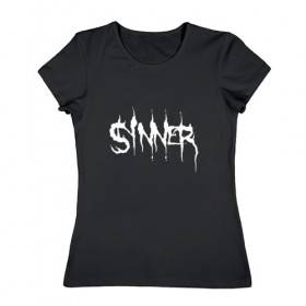 Женская футболка хлопок с принтом Sinner , 100% хлопок | прямой крой, круглый вырез горловины, длина до линии бедер, слегка спущенное плечо | 