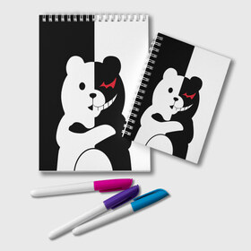 Блокнот с принтом MONOKUMA , 100% бумага | 48 листов, плотность листов — 60 г/м2, плотность картонной обложки — 250 г/м2. Листы скреплены удобной пружинной спиралью. Цвет линий — светло-серый
 | Тематика изображения на принте: anime | bear | black  white | minomi | monokuma | pink | rabbit | school | аниме | главарь | миноми | монокума | черно белый | школа