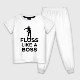 Детская пижама хлопок с принтом Floss like a boss , 100% хлопок |  брюки и футболка прямого кроя, без карманов, на брюках мягкая резинка на поясе и по низу штанин
 | Тематика изображения на принте: dance | floss like a boss | fortnite | swag | thebackpackkid | танец