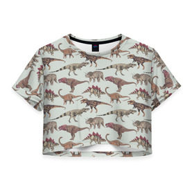 Женская футболка 3D укороченная с принтом Динозавры , 100% полиэстер | круглая горловина, длина футболки до линии талии, рукава с отворотами | динозавр | динозавры | паттерн | стегозавр | тиранозавр