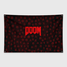 Флаг-баннер с принтом DOOM , 100% полиэстер | размер 67 х 109 см, плотность ткани — 95 г/м2; по краям флага есть четыре люверса для крепления | devil | doom | hell | mark of the doom slayer | slayer | ад | гарнил | дум | знаки | иероглифы | компьютерные игры 2019 | преисподняя | символ | солдат