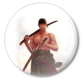 Значок с принтом One Piece - Zoro ,  металл | круглая форма, металлическая застежка в виде булавки | Тематика изображения на принте: большой | ван | воин | катана | куш | меч | пираты | пис | самурай