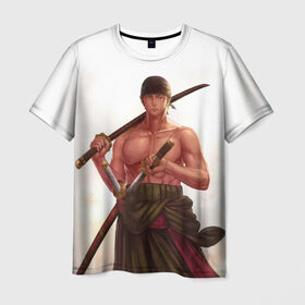 Мужская футболка 3D с принтом One Piece - Zoro , 100% полиэфир | прямой крой, круглый вырез горловины, длина до линии бедер | большой | ван | воин | катана | куш | меч | пираты | пис | самурай