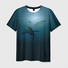 Мужская футболка 3D с принтом Акулы , 100% полиэфир | прямой крой, круглый вырез горловины, длина до линии бедер | море | океан | подводный мир | рыба | хищник