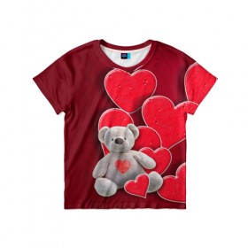 Детская футболка 3D с принтом Мишка с сердечками , 100% гипоаллергенный полиэфир | прямой крой, круглый вырез горловины, длина до линии бедер, чуть спущенное плечо, ткань немного тянется | девушкам | игрушка | любовь | медведь | мишка | плюшевый | сердечко | сердце