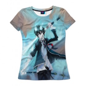 Женская футболка 3D с принтом Rin Okumura , 100% полиэфир ( синтетическое хлопкоподобное полотно) | прямой крой, круглый вырез горловины, длина до линии бедер | blue | exorcist | ария | ассии | вурдалак | геенны | демон | драгун | манга | рыцарь | синий | укротитель | экзорцист