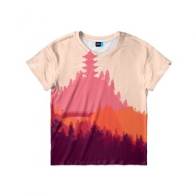 Детская футболка 3D с принтом Firewatch , 100% гипоаллергенный полиэфир | прямой крой, круглый вырез горловины, длина до линии бедер, чуть спущенное плечо, ткань немного тянется | campo santo | firewatch | арт | вечер | вид | горы | закат | игра | лес | озеро | олень | пейзаж | пожарный дозор | солнце | холмы