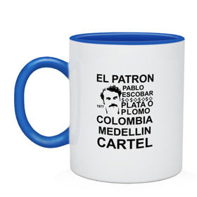Кружка двухцветная с принтом Pablo Escobar , керамика | объем — 330 мл, диаметр — 80 мм. Цветная ручка и кайма сверху, в некоторых цветах — вся внутренняя часть | escobar | loving pablo | эскобар