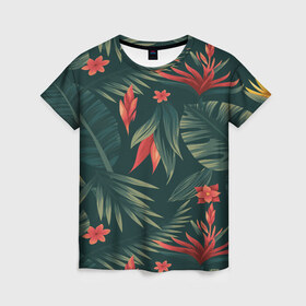 Женская футболка 3D с принтом Тропики , 100% полиэфир ( синтетическое хлопкоподобное полотно) | прямой крой, круглый вырез горловины, длина до линии бедер | вектор | джунгли | дизайн | зеленый | красиво | красный | лес | лето | папоротник | тропики | тропические листья
