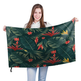 Флаг 3D с принтом Тропики , 100% полиэстер | плотность ткани — 95 г/м2, размер — 67 х 109 см. Принт наносится с одной стороны | вектор | джунгли | дизайн | зеленый | красиво | красный | лес | лето | папоротник | тропики | тропические листья
