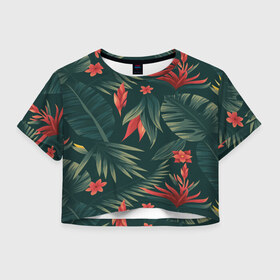Женская футболка 3D укороченная с принтом Тропики , 100% полиэстер | круглая горловина, длина футболки до линии талии, рукава с отворотами | вектор | джунгли | дизайн | зеленый | красиво | красный | лес | лето | папоротник | тропики | тропические листья