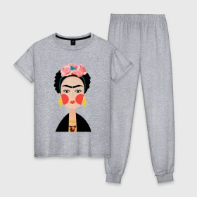 Женская пижама хлопок с принтом Фрида Кало , 100% хлопок | брюки и футболка прямого кроя, без карманов, на брюках мягкая резинка на поясе и по низу штанин | frida kahlo de rivera | фрида кало