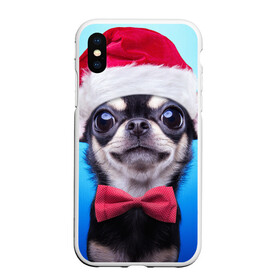 Чехол для iPhone XS Max матовый с принтом рождество , Силикон | Область печати: задняя сторона чехла, без боковых панелей | dog | happy new year | бантик | взгляд | глаза | новый год | пинчер | праздник | санта клаус | собака | той терьер