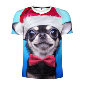 Мужская футболка 3D спортивная с принтом рождество , 100% полиэстер с улучшенными характеристиками | приталенный силуэт, круглая горловина, широкие плечи, сужается к линии бедра | dog | happy new year | бантик | взгляд | глаза | новый год | пинчер | праздник | санта клаус | собака | той терьер