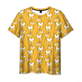 Мужская футболка 3D с принтом Корги Паттерн , 100% полиэфир | прямой крой, круглый вырез горловины, длина до линии бедер | Тематика изображения на принте: друг человека | мимими | оранжевый | пес | попка | собака