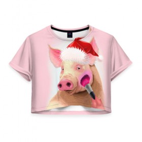 Женская футболка 3D укороченная с принтом Новогодняя свинья , 100% полиэстер | круглая горловина, длина футболки до линии талии, рукава с отворотами | 
