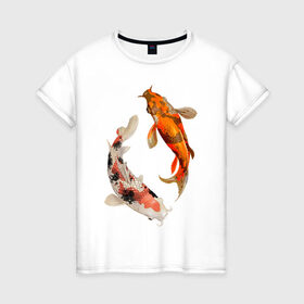 Женская футболка хлопок с принтом Инь-Ян , 100% хлопок | прямой крой, круглый вырез горловины, длина до линии бедер, слегка спущенное плечо | арт | вода | знаки | золото | инь ян | магия | рыбы | символы | сом