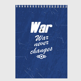 Скетчбук с принтом WAR NEVER CHANGES , 100% бумага
 | 48 листов, плотность листов — 100 г/м2, плотность картонной обложки — 250 г/м2. Листы скреплены сверху удобной пружинной спиралью | 101 | 111 | 76 | atom cats | bethesda | brotherhood of steel | fallout | nuka cola | outcast | tunnel snakes | vault | war | братство стали | бункер | война | убежище | фолаут | фоллаут | ядеркола