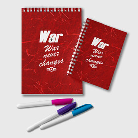 Блокнот с принтом WAR NEVER CHANGES , 100% бумага | 48 листов, плотность листов — 60 г/м2, плотность картонной обложки — 250 г/м2. Листы скреплены удобной пружинной спиралью. Цвет линий — светло-серый
 | Тематика изображения на принте: 101 | 111 | 76 | atom cats | bethesda | brotherhood of steel | fallout | nuka cola | outcast | tunnel snakes | vault | war | братство стали | бункер | война | убежище | фолаут | фоллаут | ядеркола