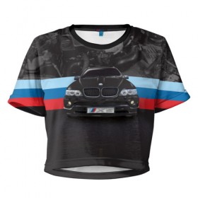 Женская футболка 3D укороченная с принтом BMW X5 , 100% полиэстер | круглая горловина, длина футболки до линии талии, рукава с отворотами | bmw | bmw x5 | x5 | автомобиль | бмв | бмв х5 | бмвешка | бэха | машина | тачка | х5
