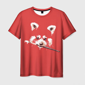 Мужская футболка 3D с принтом Красная панда , 100% полиэфир | прямой крой, круглый вырез горловины, длина до линии бедер | енот | кисть | лиса | малая панда | художник