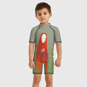 Детский купальный костюм 3D с принтом Каонаси с петухом , Полиэстер 85%, Спандекс 15% | застежка на молнии на спине | spirited away | аниме | безликий | унесённые призраками | хаяо миядзаки