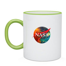 Кружка двухцветная с принтом Nasa Space , керамика | объем — 330 мл, диаметр — 80 мм. Цветная ручка и кайма сверху, в некоторых цветах — вся внутренняя часть | америка | астронавт | звезды | космонавт | космос | логотип | наса | сша