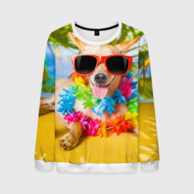 Мужской свитшот 3D с принтом пляж , 100% полиэстер с мягким внутренним слоем | круглый вырез горловины, мягкая резинка на манжетах и поясе, свободная посадка по фигуре | sea | гавайи | лето | море | океан | отдых | очки | пляж | собака | той терьер