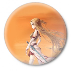 Значок с принтом Yuuki Asuna ,  металл | круглая форма, металлическая застежка в виде булавки | art | online | sword | ветер | волосы | девушка | длинные | золотистые | мастера | меч | меча | онлайн