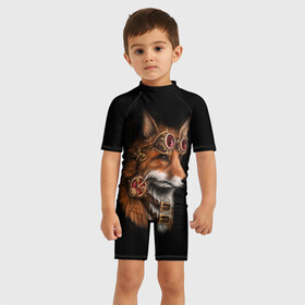Детский купальный костюм 3D с принтом КОРОЛЕВСКИЙ ЛИС | KING FOX , Полиэстер 85%, Спандекс 15% | застежка на молнии на спине | белый | золото | лис | лиса | мех | оранжевый | охотник | очки | ремень | хитрый
