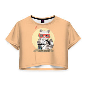 Женская футболка Cropp-top с принтом Енот и кофе , 100% полиэстер | круглая горловина, длина футболки до линии талии, рукава с отворотами | coffee | food | love | racoon | енот | кофе