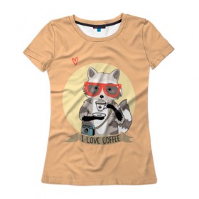 Женская футболка 3D с принтом Енот и кофе , 100% полиэфир ( синтетическое хлопкоподобное полотно) | прямой крой, круглый вырез горловины, длина до линии бедер | coffee | food | love | racoon | енот | кофе