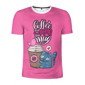 Мужская футболка 3D спортивная с принтом Coffee is a hug , 100% полиэстер с улучшенными характеристиками | приталенный силуэт, круглая горловина, широкие плечи, сужается к линии бедра | Тематика изображения на принте: cat | coffee | food | love | кот | птичка